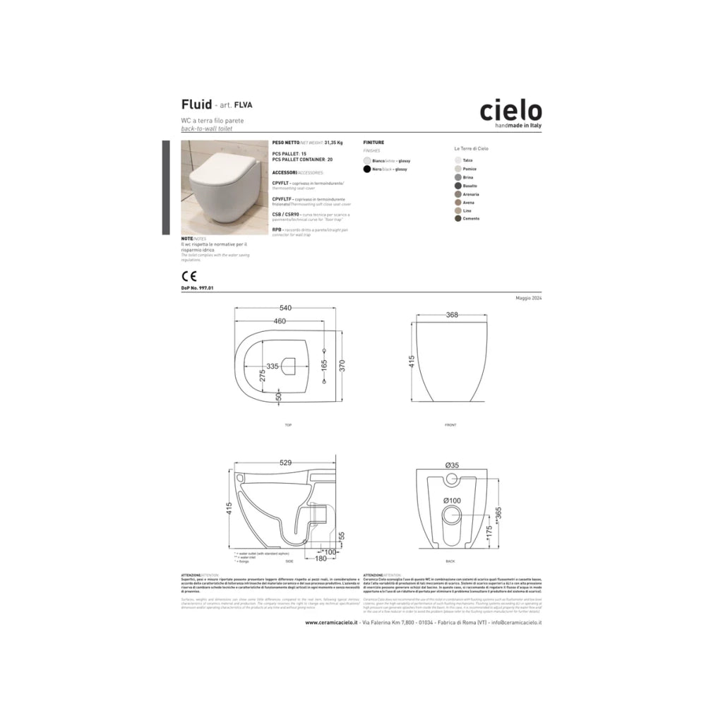 Wc a Terra Ceramica Cielo "Fluid" Bianco Lucido