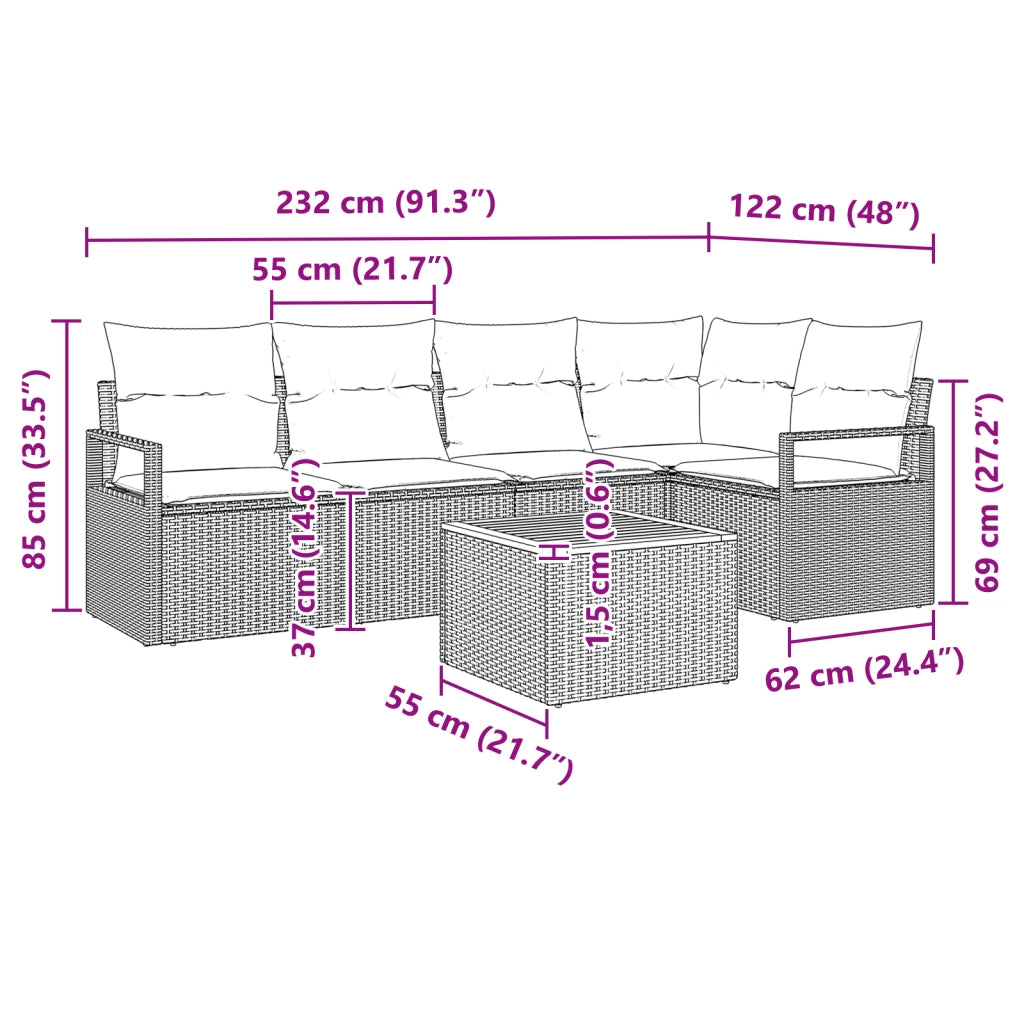 Set di SofÃ  da Giardino  a 6 Pezzi con Cuscini Nero Polyrattan Acacia
