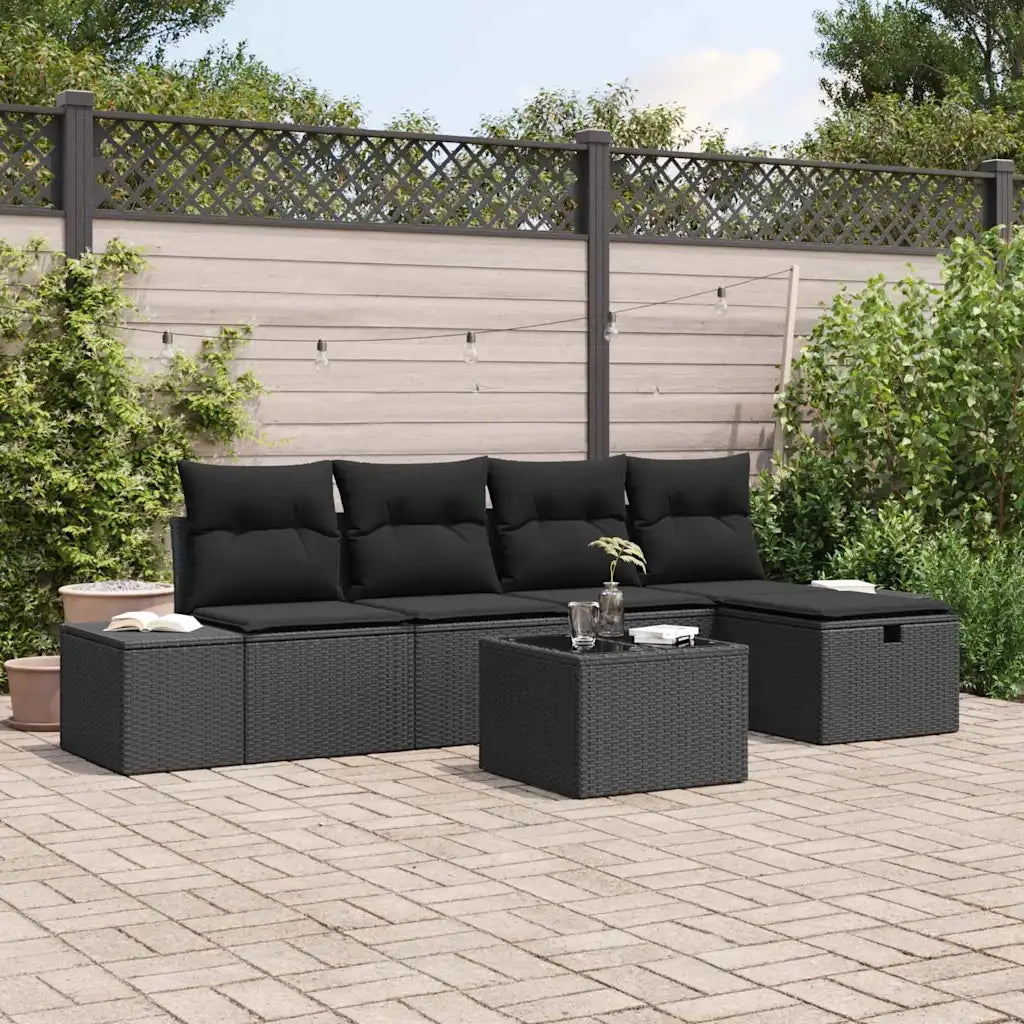 Set Divano da Giardino con cuscino 6 pcs Nero polyrattan