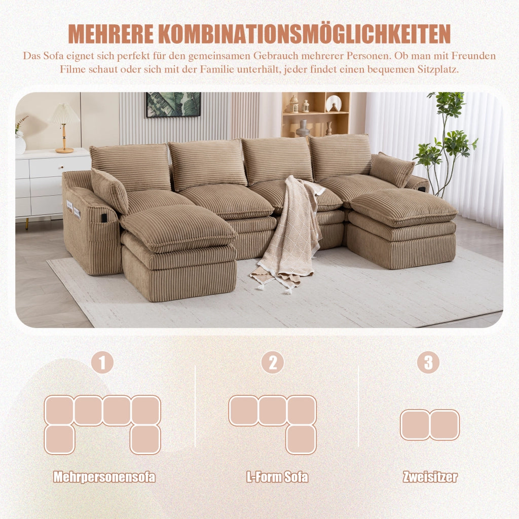 Divano modulare a 4 posti in velluto a coste con 2 pouf, cuscini, tasche laterali e schiuma a 3 strati, khaki