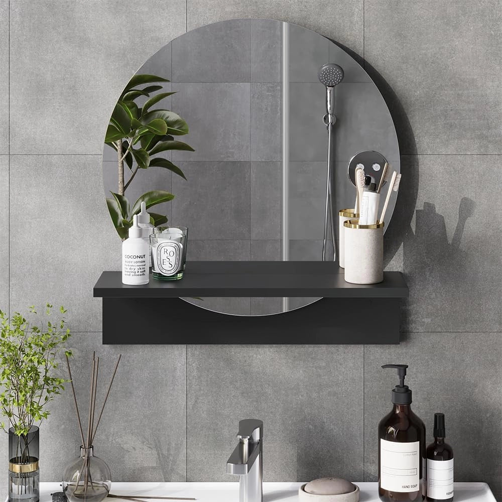 Specchio bagno Elyra, Nero, 50 x 54.5 cm con ripiano, adatto al montaggio a parete per l'uso quotidiano