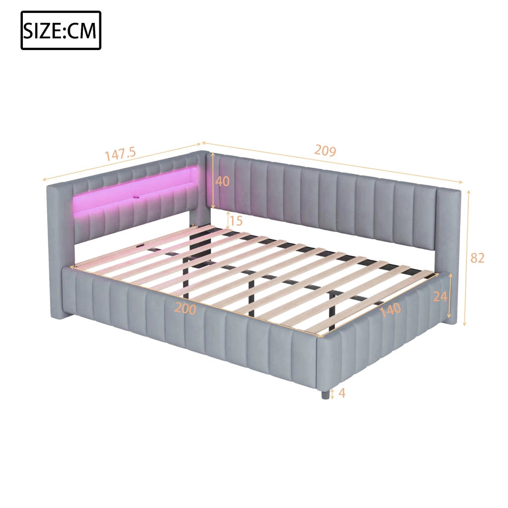 Letto divano imbottito in velluto grigio 140x200 cm
