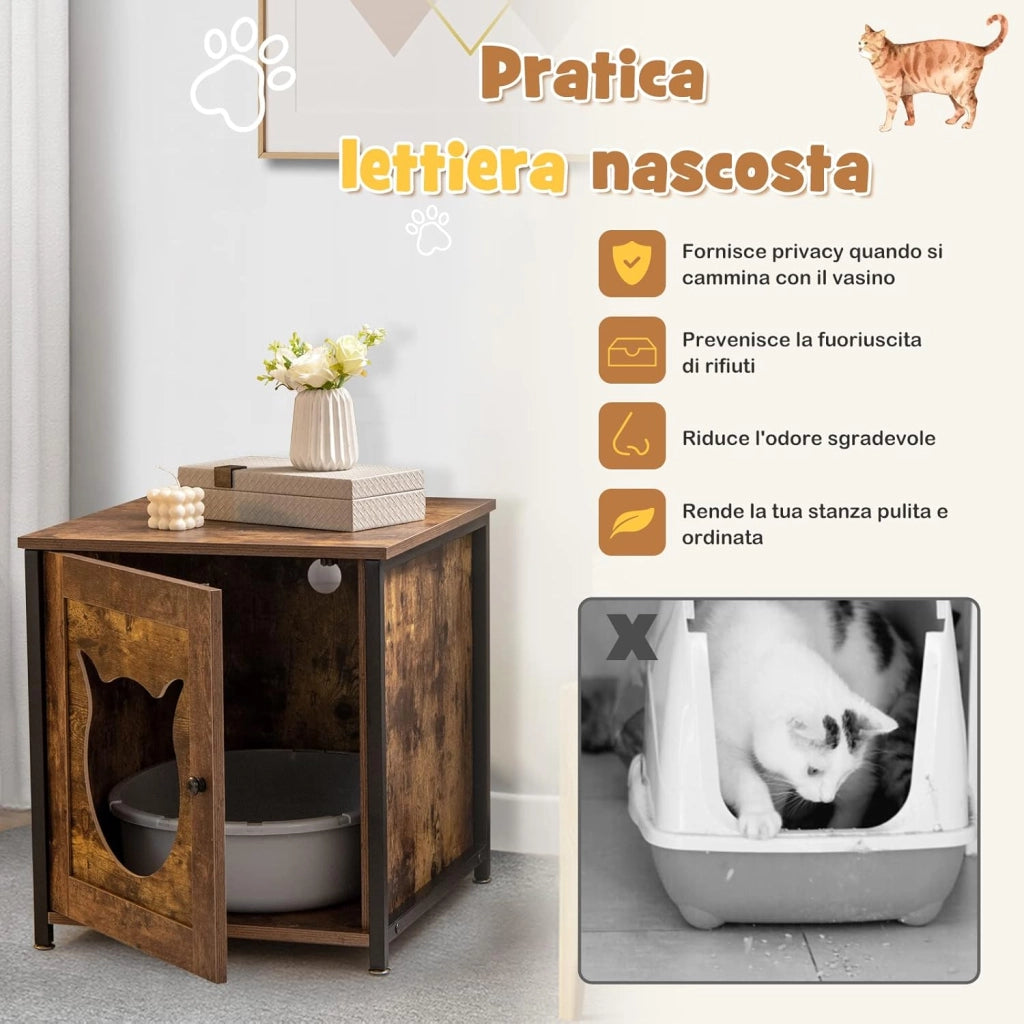 Mobile per Lettiera Gatti in Legno, Casetta con Ingresso a Forma di Gatto, Telaio in Metallo, Mobiletto Multiuso per Ingresso e Soggiorno, Adatto a Gatti Piccoli e Grandi