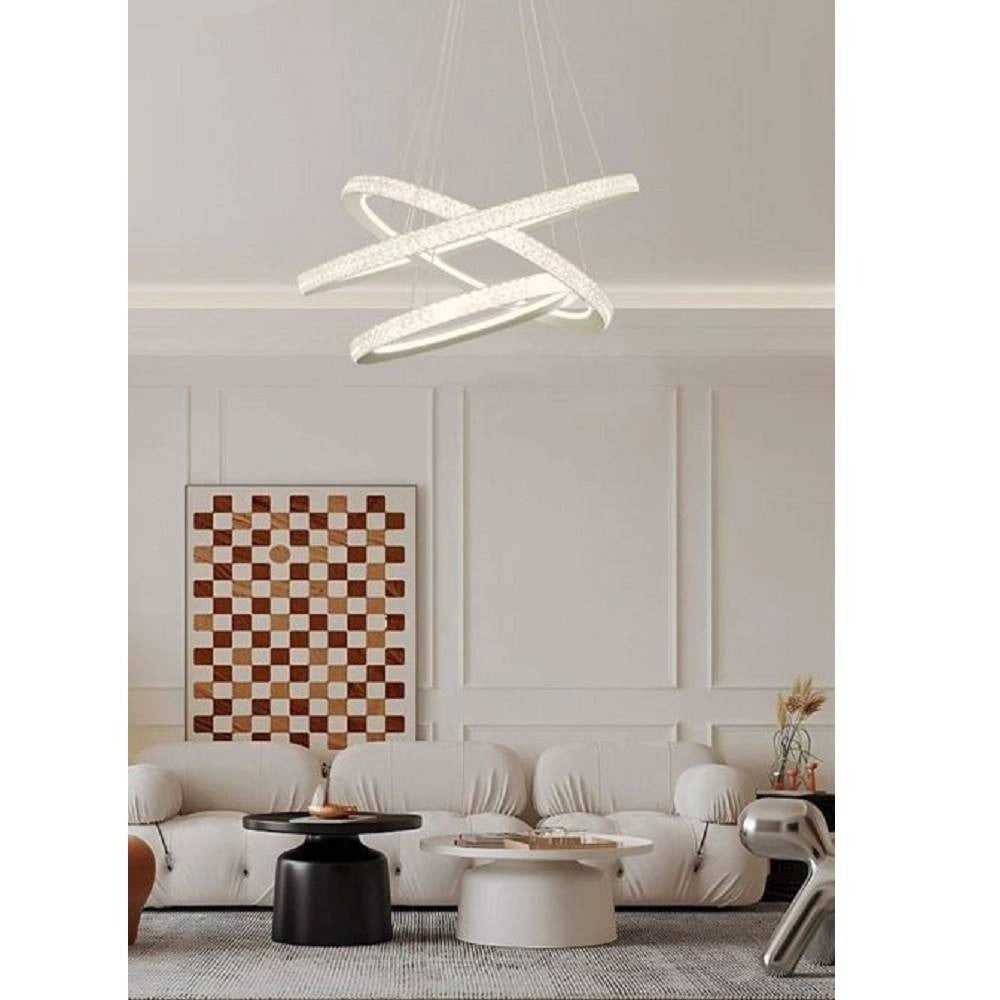 Trade Shop - Lampadario Led 132 W Bianca 3 Anelli Con Cristalli Luce 6500k 3000k 4000k Lp-33b -