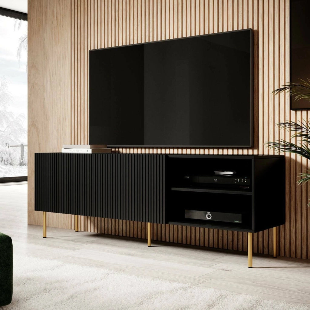 Mobile porta TV Magnano, Madia da salotto con quattro ante battenti, Rialzato da terra, 150x42 h52 cm, Nero