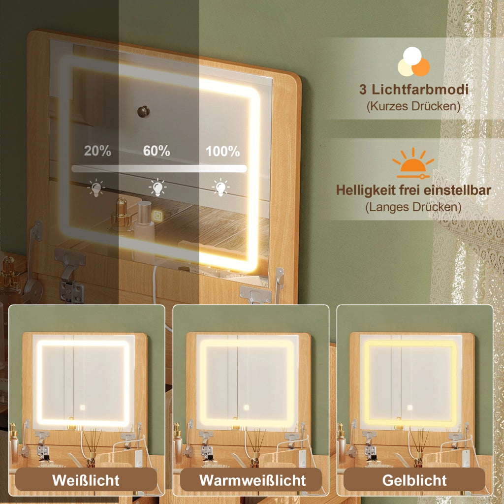 TOELETTA con specchio LED pieghevole 79x120x40 cm Natural con sgabello