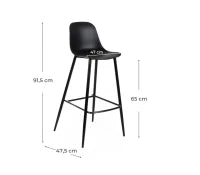 E-STYLO Sgabello da cucina in polipropilene nero e gambe in metallo nero con poggiapiedi, 47.5cm X 47cm H. 91.5cm.