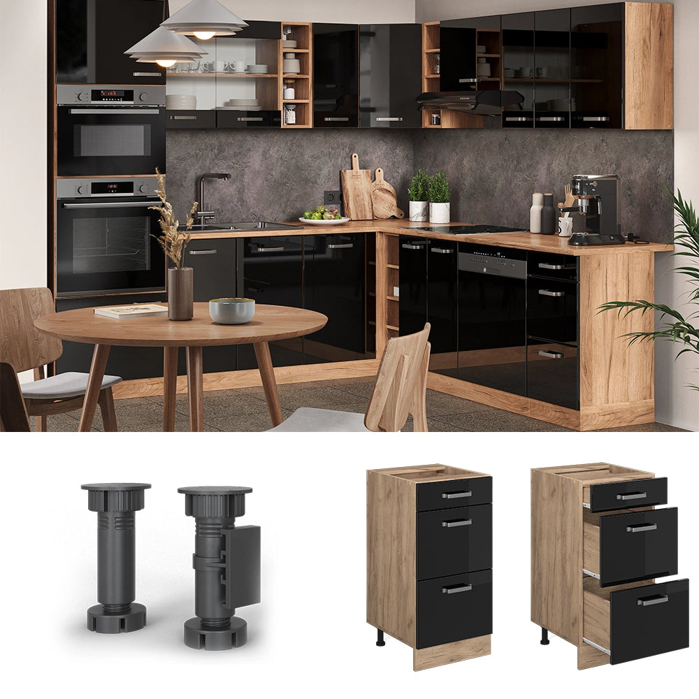 Vicco Mobiletto base per cucina Nero lucido 40 cm con cassetti, senza piano di lavoro