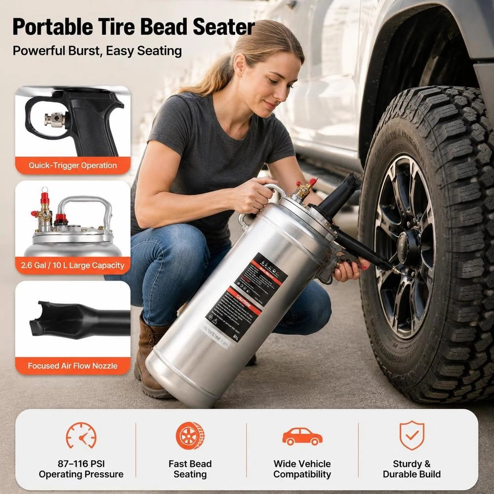 Tire Bead Builder 10 L Air Tire Bead Blaster Hand Tire Inflator, Improved Portable Tire Inflator, 0.6-0.8 MPa For Car Motorcycle SUV Pickup ATV Silver