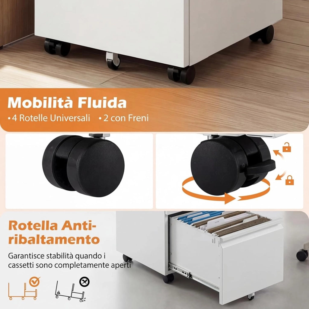 Cassettiera da Ufficio a 2 Cassetti, Mobiletto per Documenti con 5 Ruote e Serratura, Schedario da Ufficio in Acciaio per File Formato A4, Letter e Legal, 37 x 44 x 67 cm
