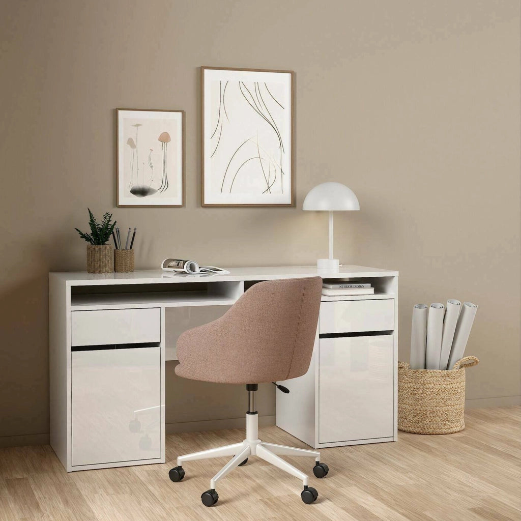 Scrivania Leepi, Scrittoio multiuso, Tavolo per ufficio porta PC, Piano di lavoro, 149x48 h77 cm, Bianco lucido