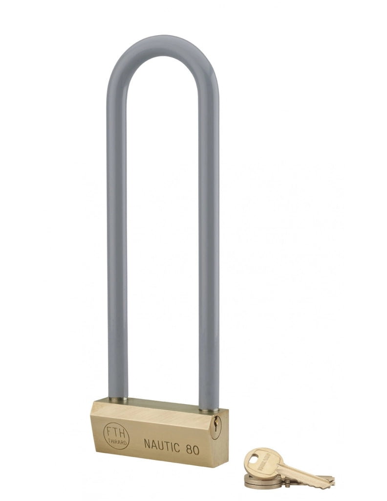 Lucchetto NAUTIC 80 mm in ottone, arco alto 215 mm in ottone, 3 chiavi – THIRARD