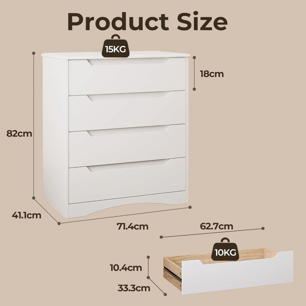 Cassettiera Camera da Letto con 4 cassetti, settimino camera da letto,Moderno e Salvaspazio per la Camera da Letto Soggiorno e Ingresso, 71 x 41 x 82 CM,Bianco (Bianco)