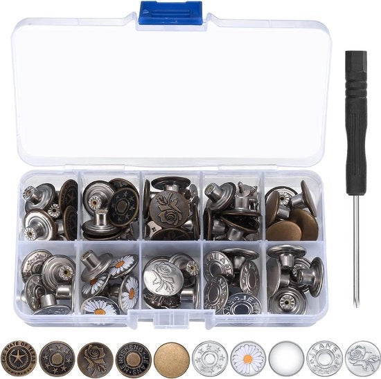 50 pezzi di spille per jeans, 17 mm spille metalliche per jeans, sostituzione senza cucire, pin per jeans con clip di allentamento e rimozione istantanea, con chiave a serramanico, 10 stili