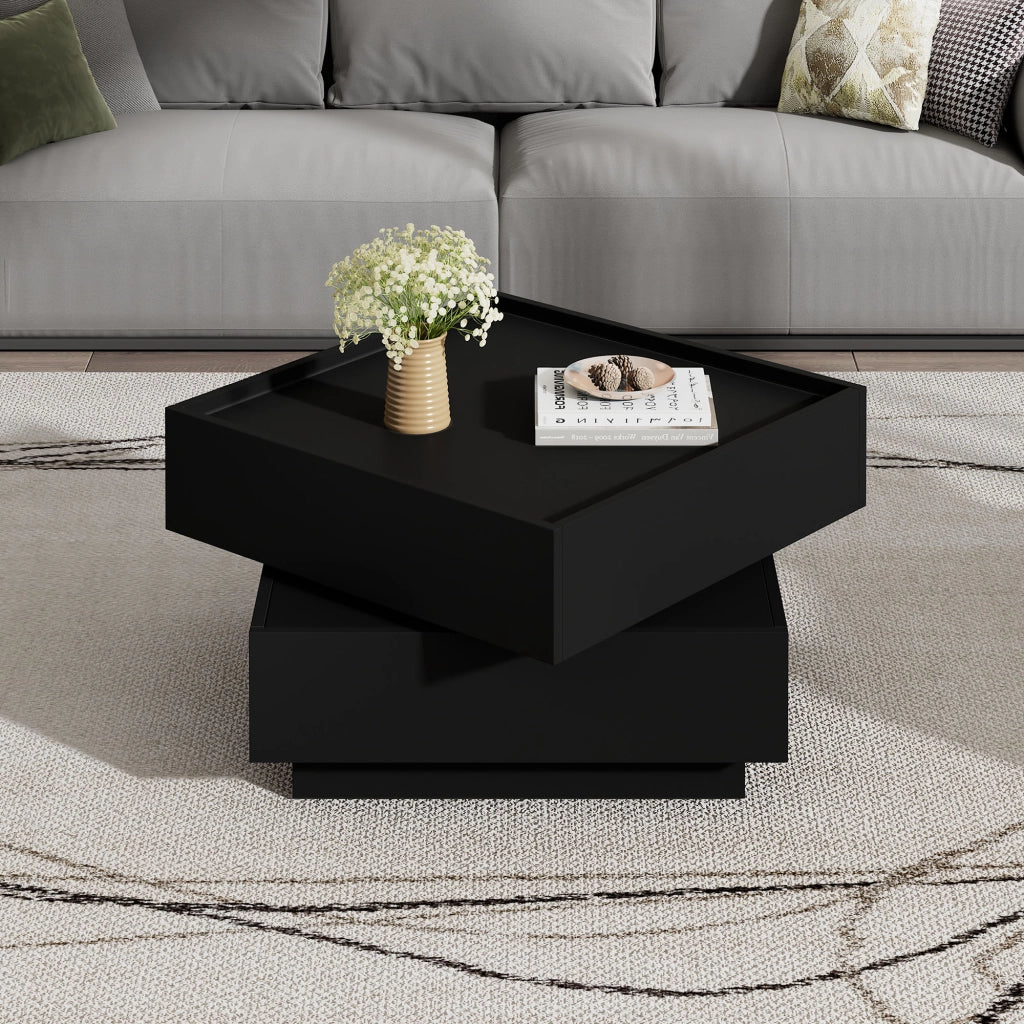 TAVOLINO DA CAFFÈ Girevole 360° 60x60x38 cm Nero con 2 Cassetti