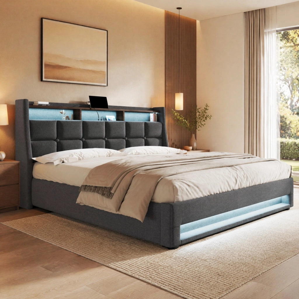 Letto imbottito 160x200 cm con LED e USB, struttura in metallo e legno, colore grigio