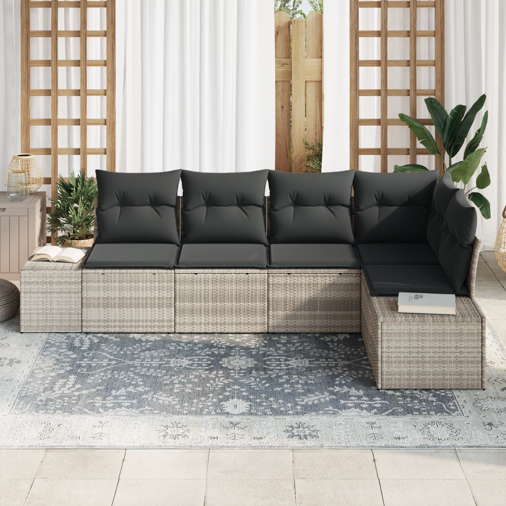 Set Divano Giardino 5 Pezzi con Cuscini Grigio Chiaro Polirattan
