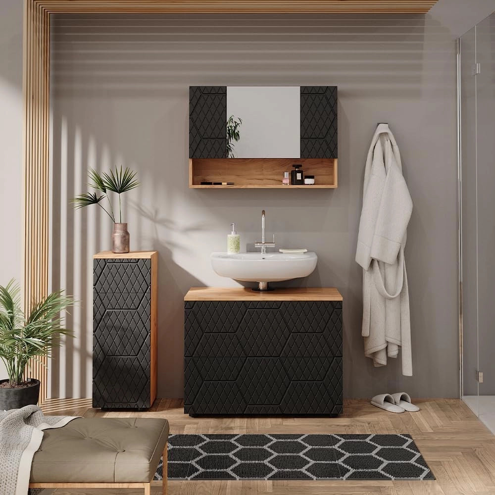 set mobili bagno Irma, Quercia dorata/Antracite, 3 pezzi, con cassettiera e mobile midi