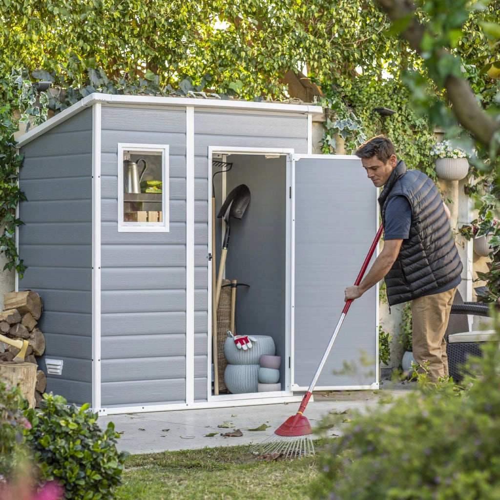 Manor Pent 6x4- Casetta da Giardino 183,50x200,50x111 cm 1 Anta per deposito attrezzi finitura effetto legno graffiato in Resina Grigio