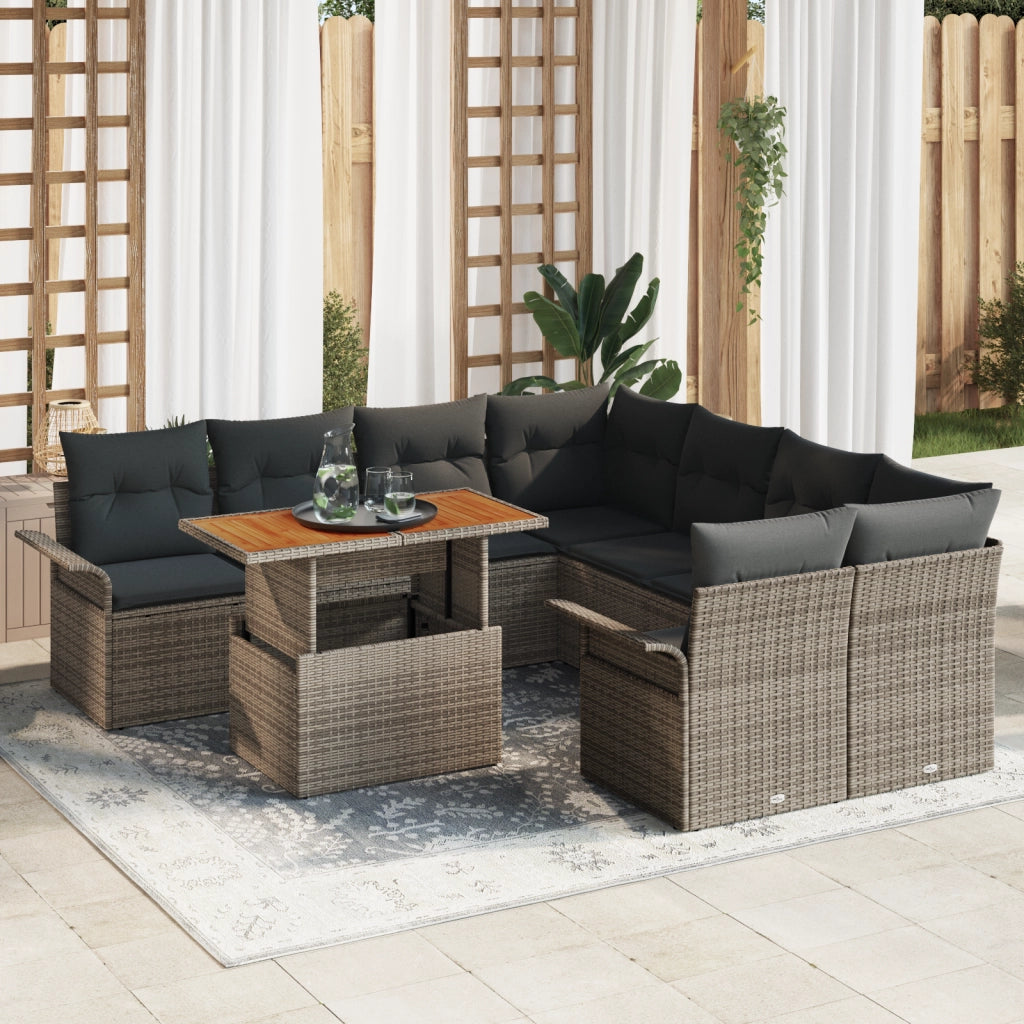 Set da giardino 9 pezzi con cuscini grigio in rattan sintetico e acacia