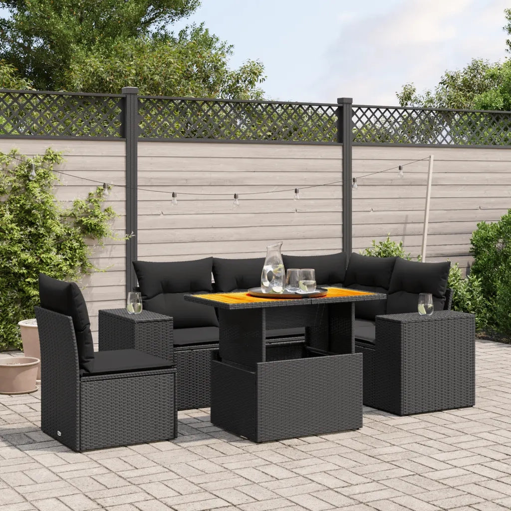 Set Divano da Giardino 6 pz con Cuscini Nero in Polyrattan
