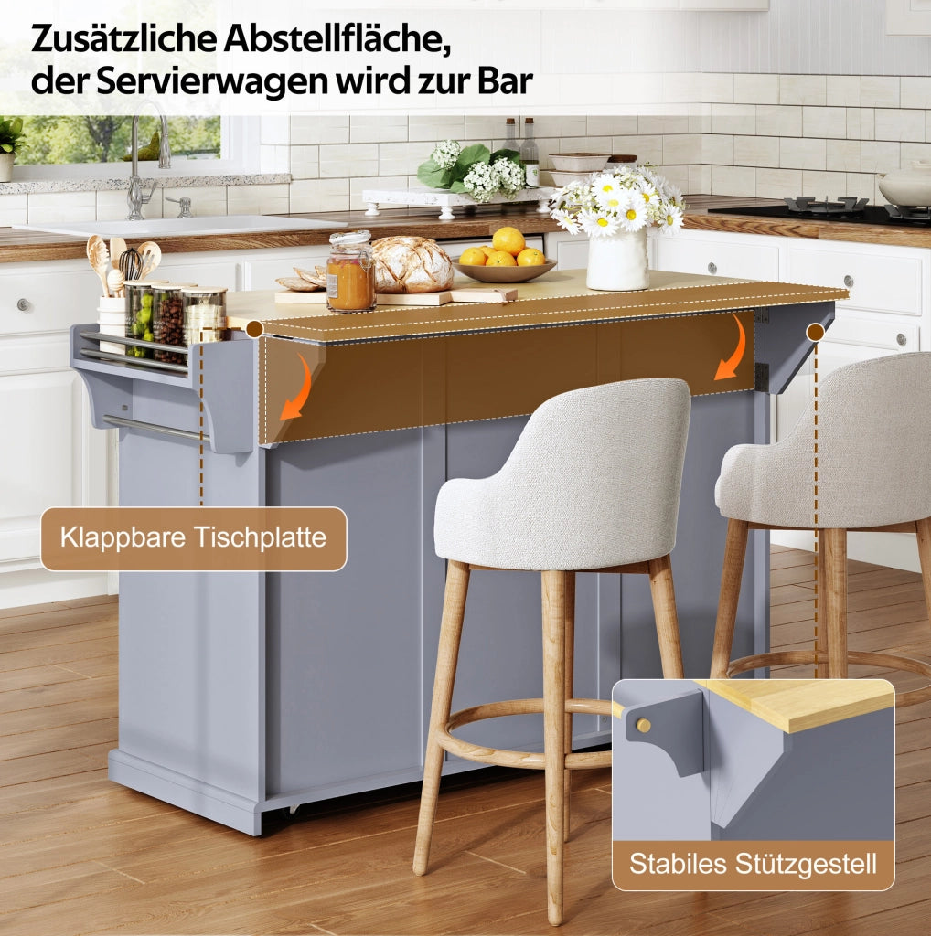 Isola da cucina mobile con piano ribaltabile, MDF, naturale e grigio