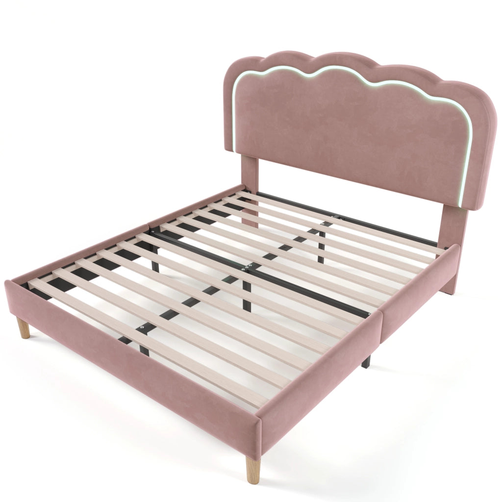 Letto imbottito LED 140 x 200 cm in velluto rosa, con testiera regolabile e rete inclusa