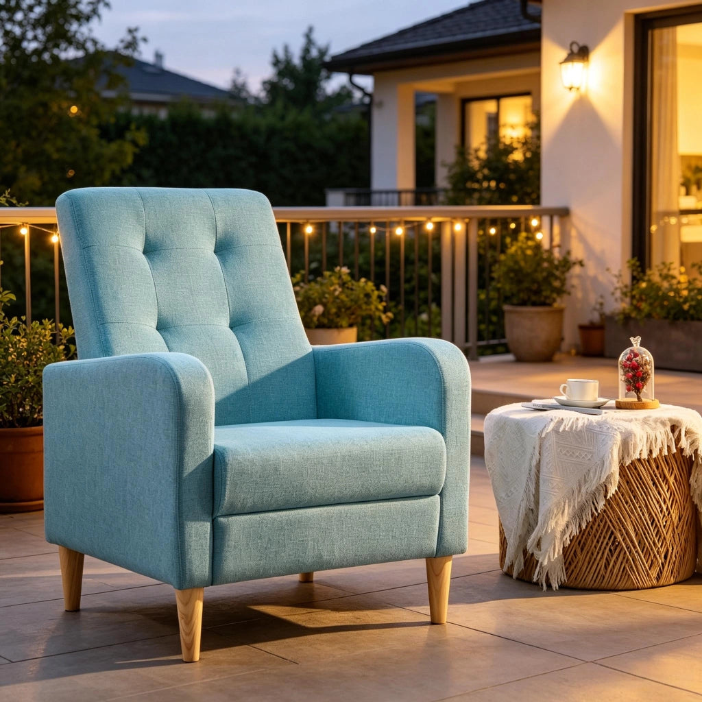 Poltrona imbottita a 1 posto con schienale alto in lino, schiuma e legno, blu, con braccioli 68 × 90,5 × 73,5 cm