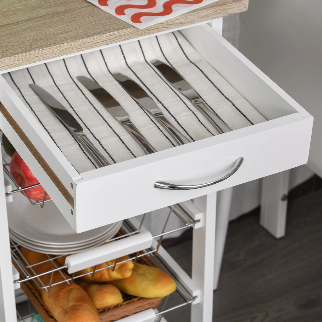 Carrello da cucina con ruote 4 ripiani ¨C Xylo ¨C metallo bianco con cassetto in legno di pino 37x37x82cm