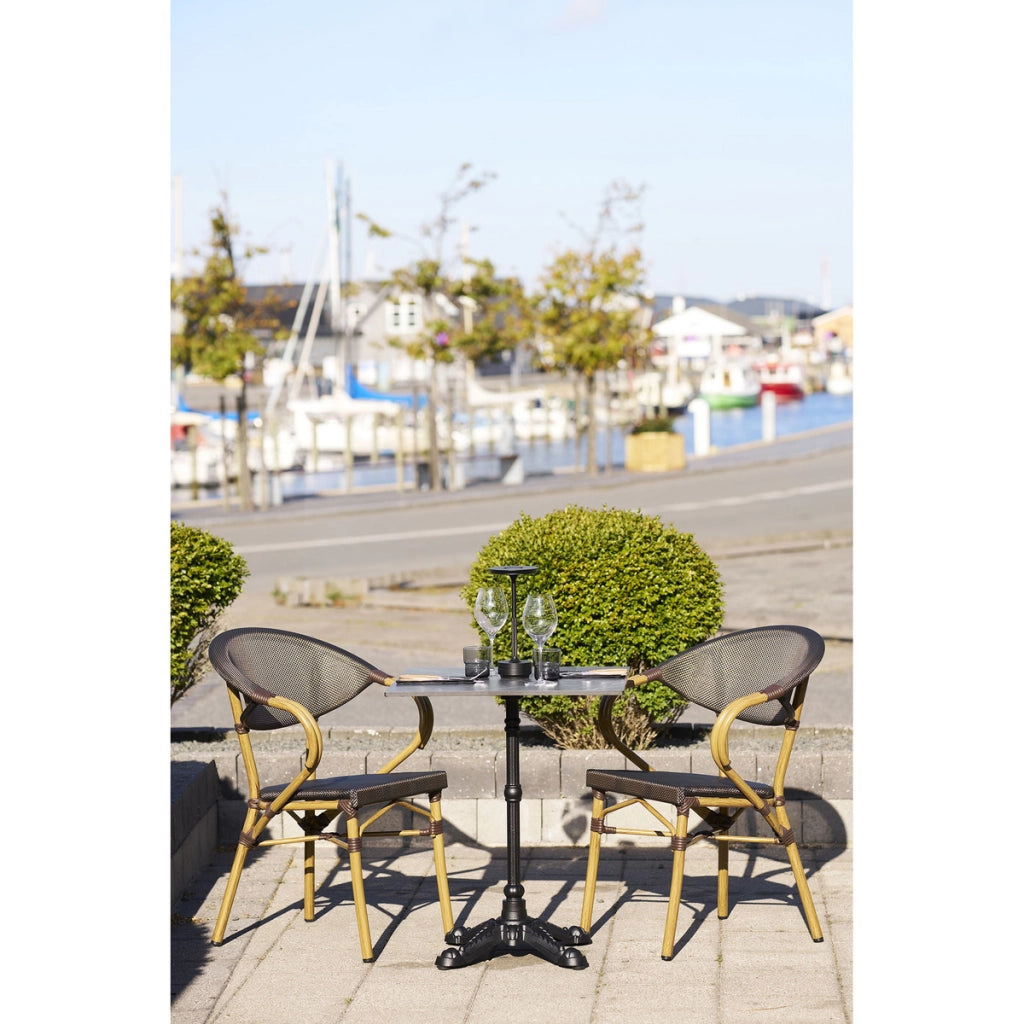 Tavolino bistrot in ghisa effetto marmo grigio scuro con base ornamentale nera