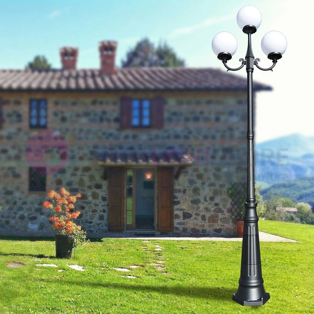 ORIONE ANTRACITE Lampione a 3 luci con rialzo  per Esterno Giardino con sfere globi policarbonato d.25