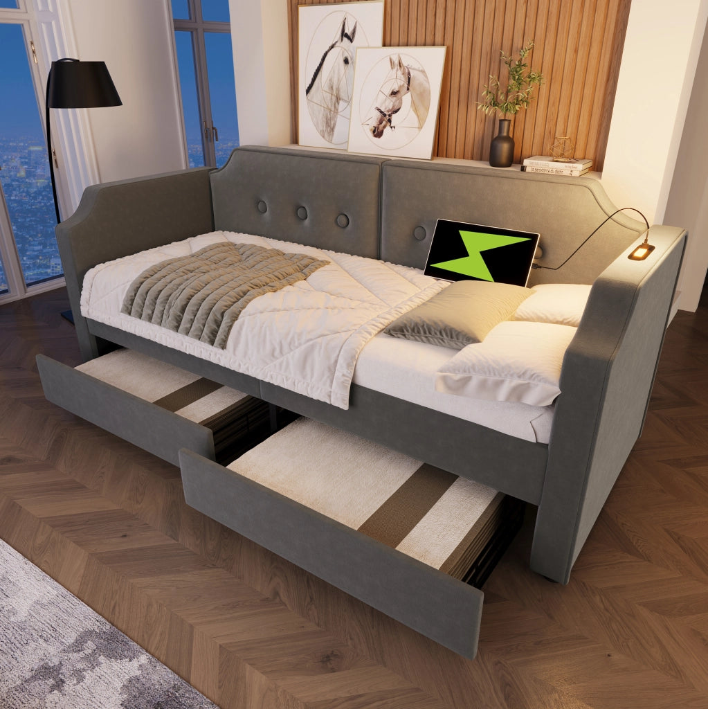 Letto imbottito 90x200 cm in velluto grigio con USB Type-C; luce da lettura e 2 cassetti
