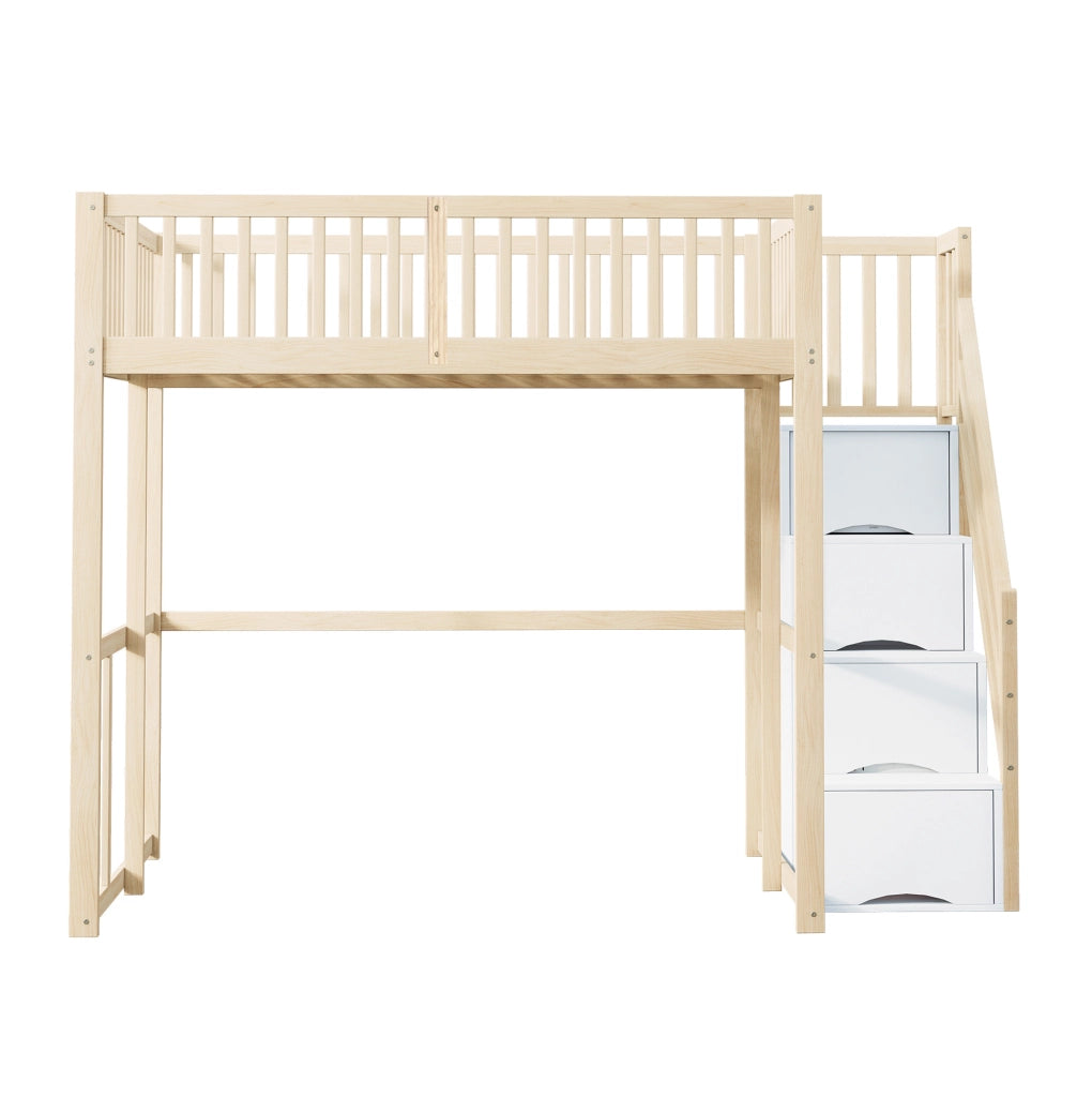 Letto a soppalco 140x200 cm in legno di pino naturale con scala contenitore e sponde di sicurezza