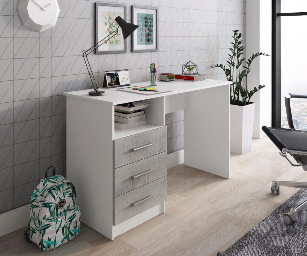 Scrivania Moderna Con 3 Cassetti Tavolo Da Ufficio Per Studio Home Office Cameretta Postazione Lavoro In Melaminico 120 X 72 X 48 Cm Bianco E Grigio Cemento