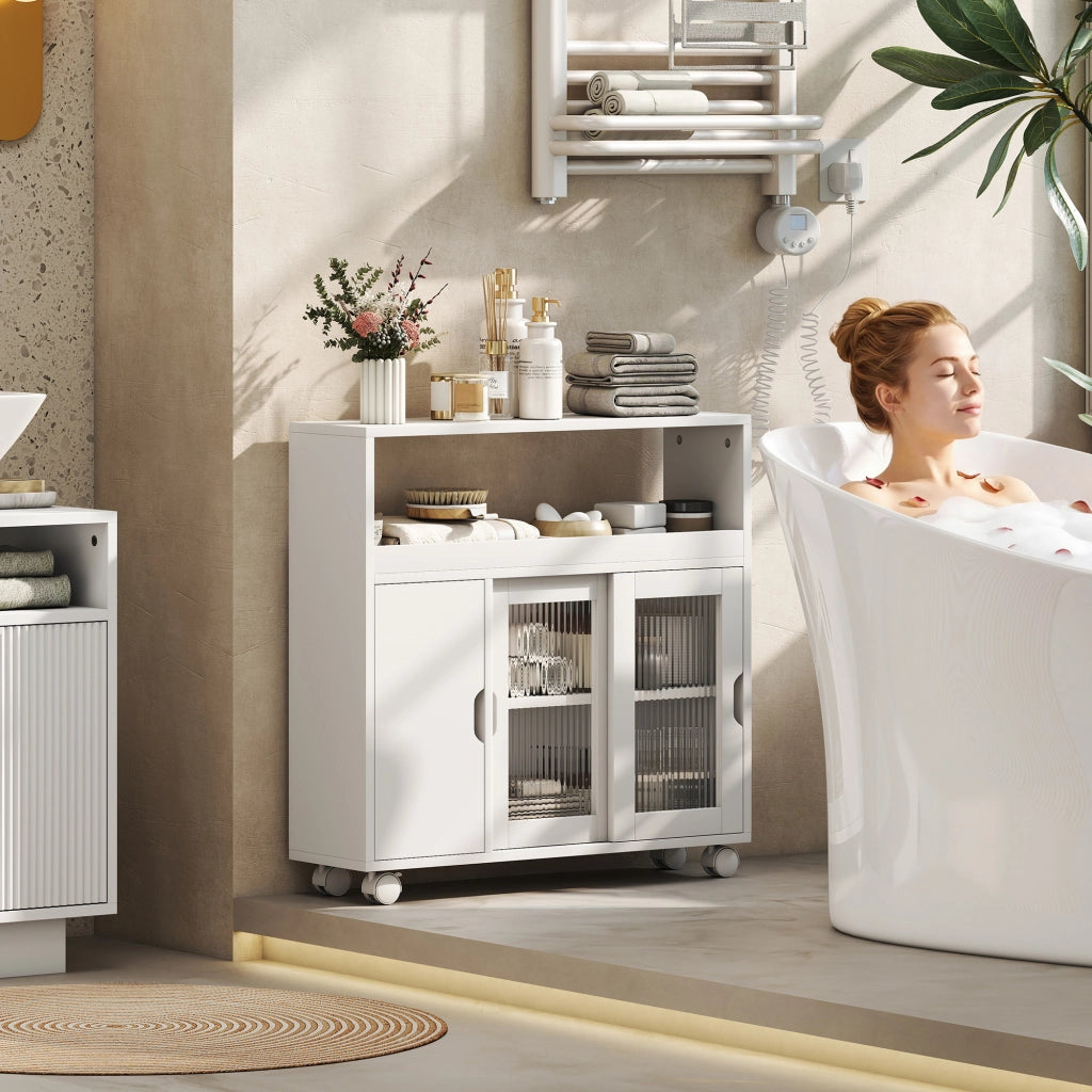 Mobile Bagno con Ante Vetro e Ruote ¨C Zephmum ¨C Bianco Legno 71x20x70 cm