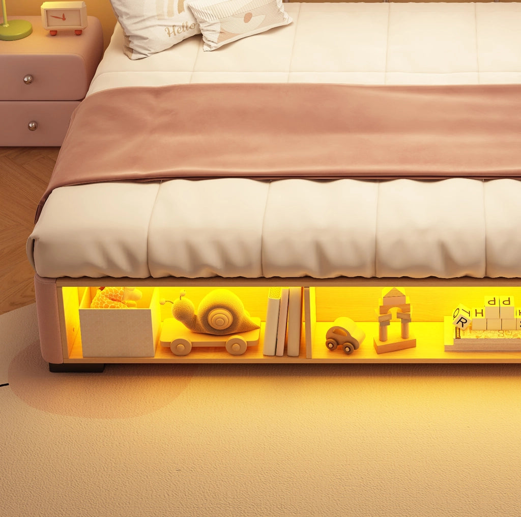 Letto imbottito per bambini 140x200 cm rosa con ripiano laterale LED e testiere modulari HAVRYA