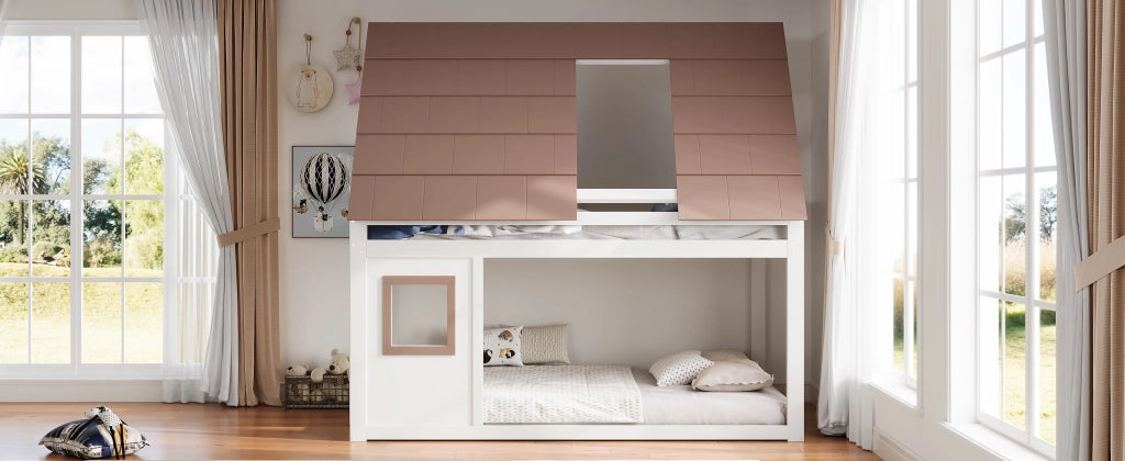 DESMIU Letto a castello 140 × 200 cm 2 posti con tetto, scala e sponda, senza materasso, bianco e marrone