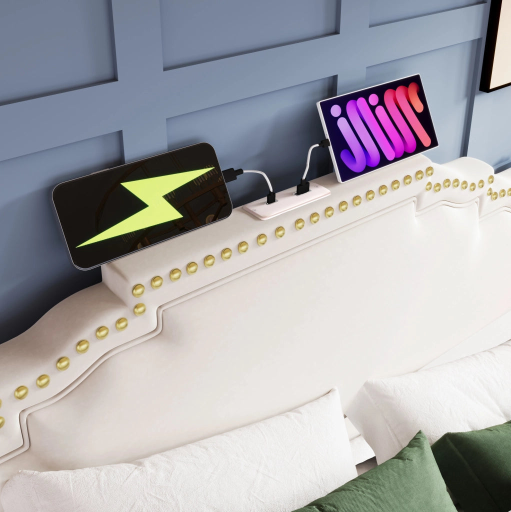 Letto 140x200 cm con 4 cassetti, LED, USB e USB-C in velluto beige