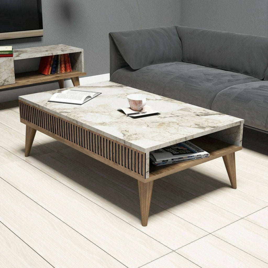 Tavolino da salotto Atrani, Tavolo basso da caffè, Portariviste per divano, Ripiano da soggiorno, 105x60h35 cm, Noce e Bianco