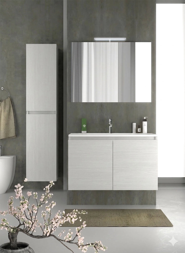 Mobile da Bagno Sospeso con Lavabo 80 cm e Specchio Bali Two Bianco Frassino