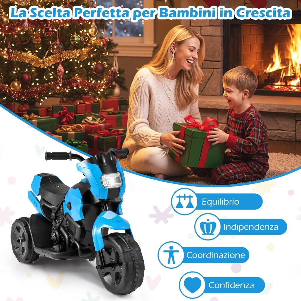 6V Moto Elettrica per Bambini, Moto a 3 Ruote con Fari LED, Pedale a Piedi, Veicolo Elettrico a Batteria per Bambini 37-72 Mesi (Blu)