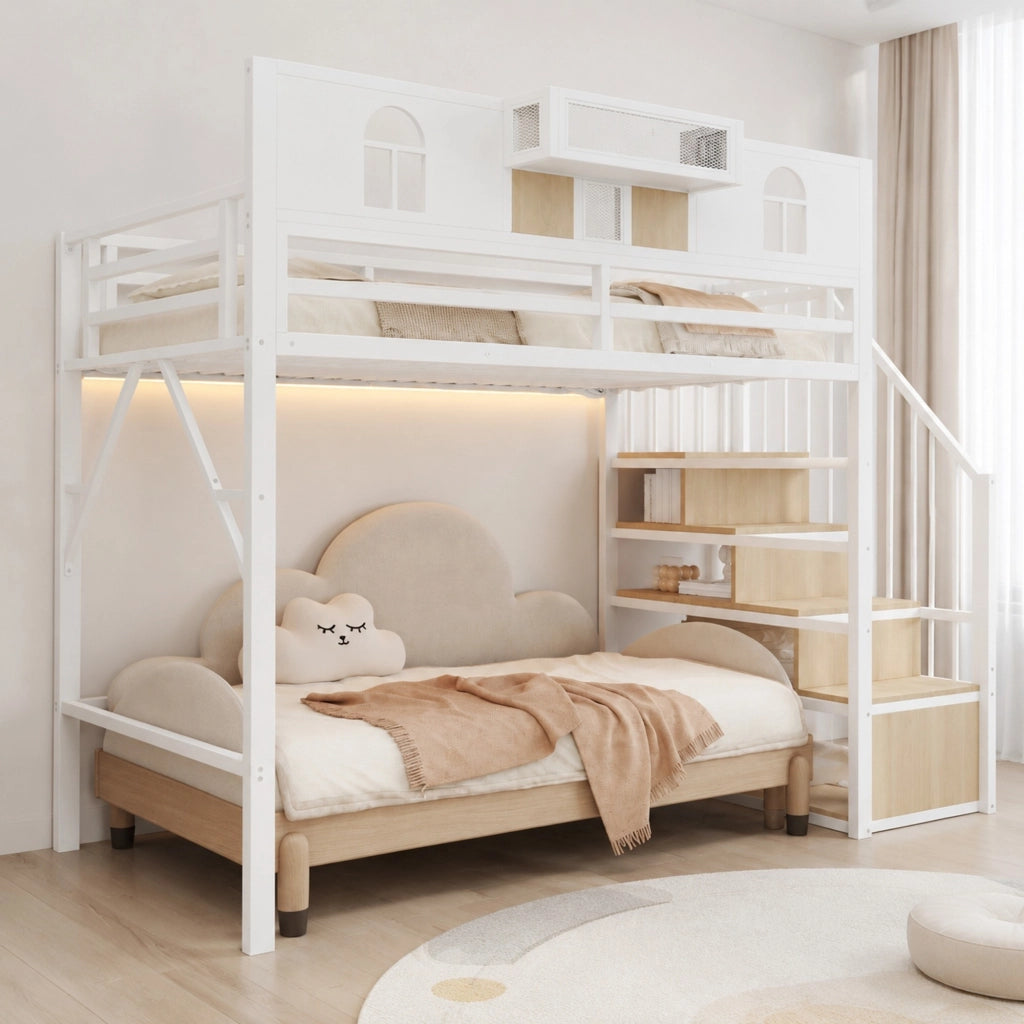 Letto a Soppalco 90 x 200 cm con Scala Contenitore; Barra Luminosa e Mensola - Bianco