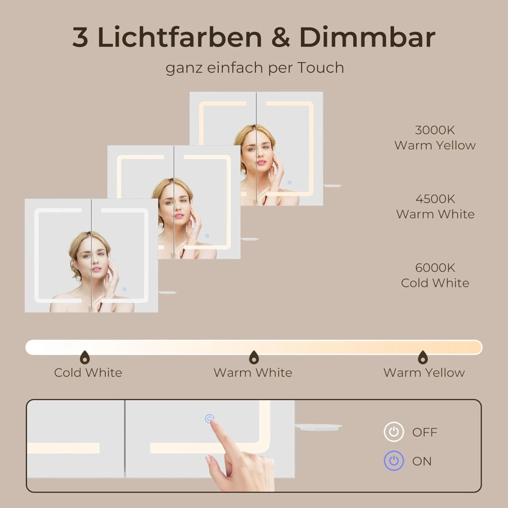 Armadio da bagno con specchio e illuminazione a LED, dimmerabile, con sensore di contatto,presa elettrica, ripiani regolabili,doppia porta in MDF di alta qualità,70X16X60CM,Bianco