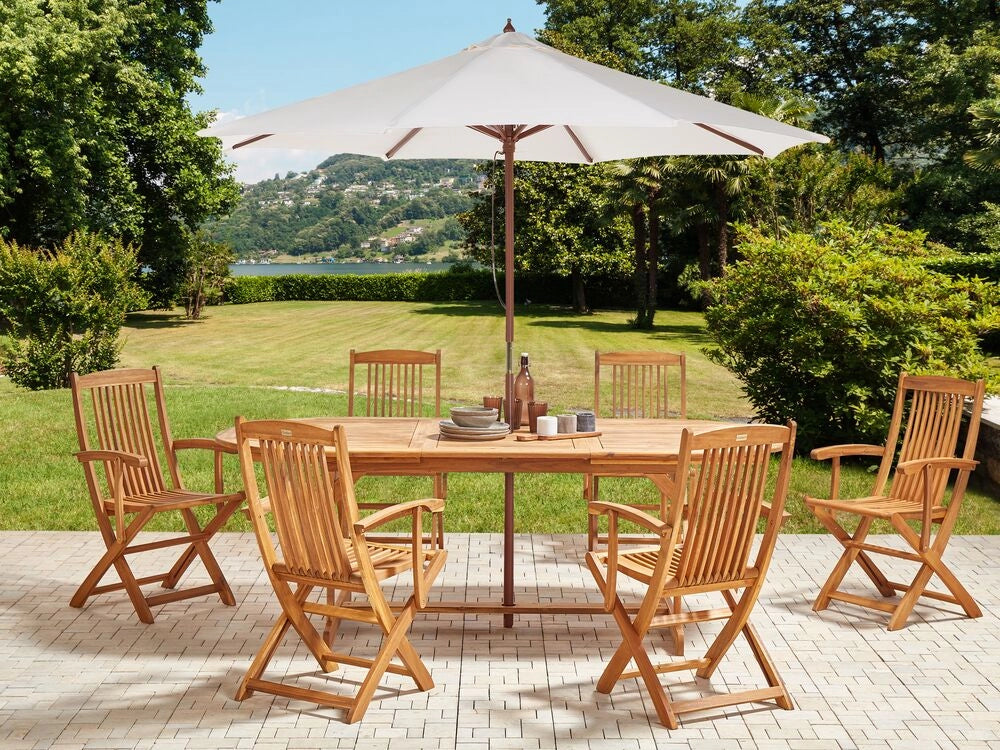 Set da pranzo per esterni in legno di acacia chiaro tavolo da 6 posti con ombrellone sedie pieghevoli design rustico