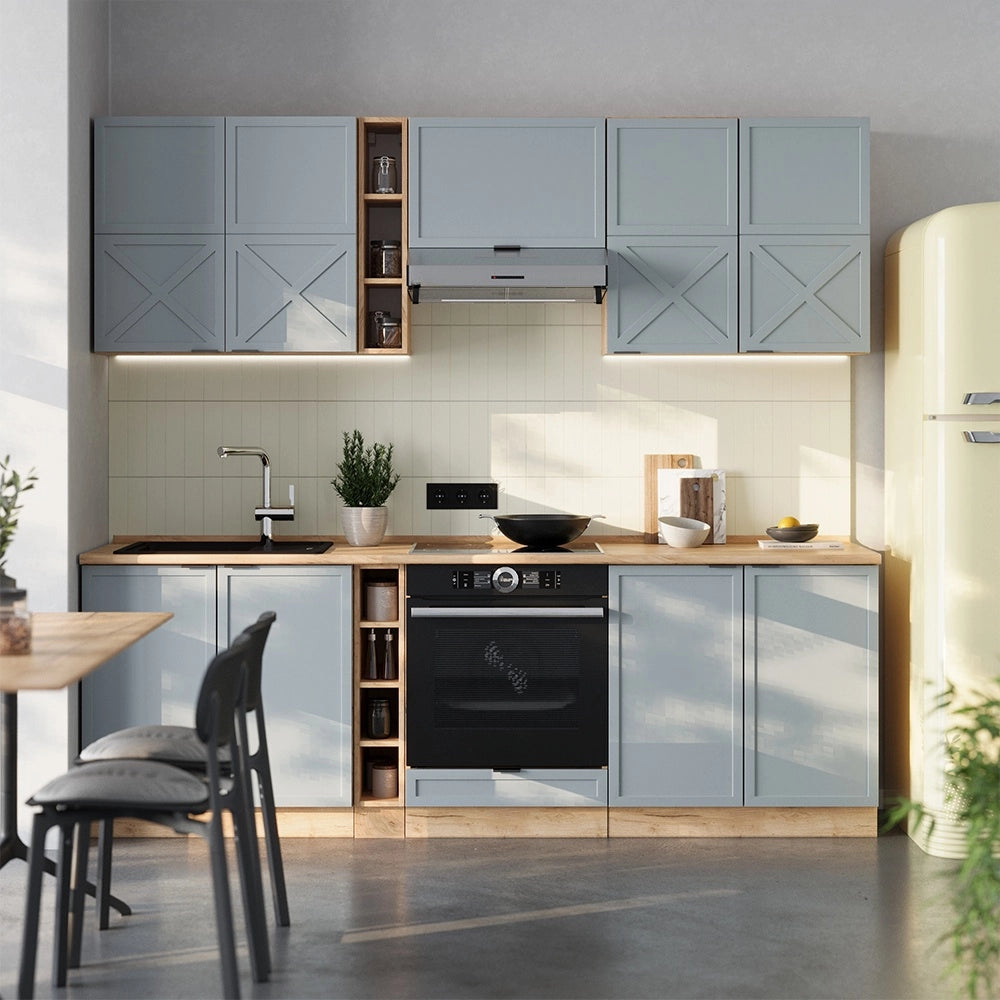 Cucina componibile Fame-Line Blu-grigio chiaro/Rovere dorato 235 cm, PL Antracite Vicco