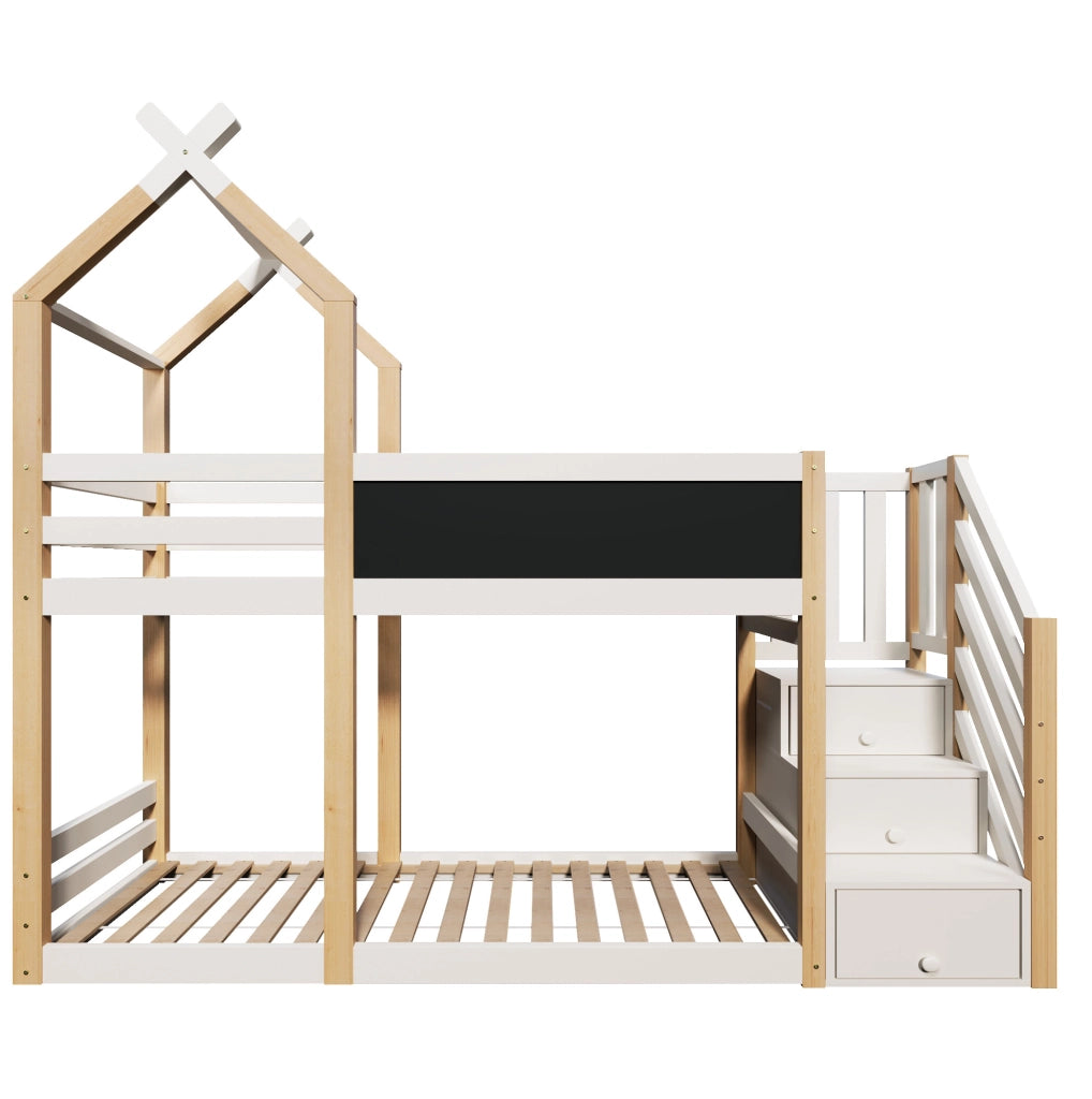 Letto a soppalco per bambini 90x200 cm in legno massello e MDF; bianco; con lavagna