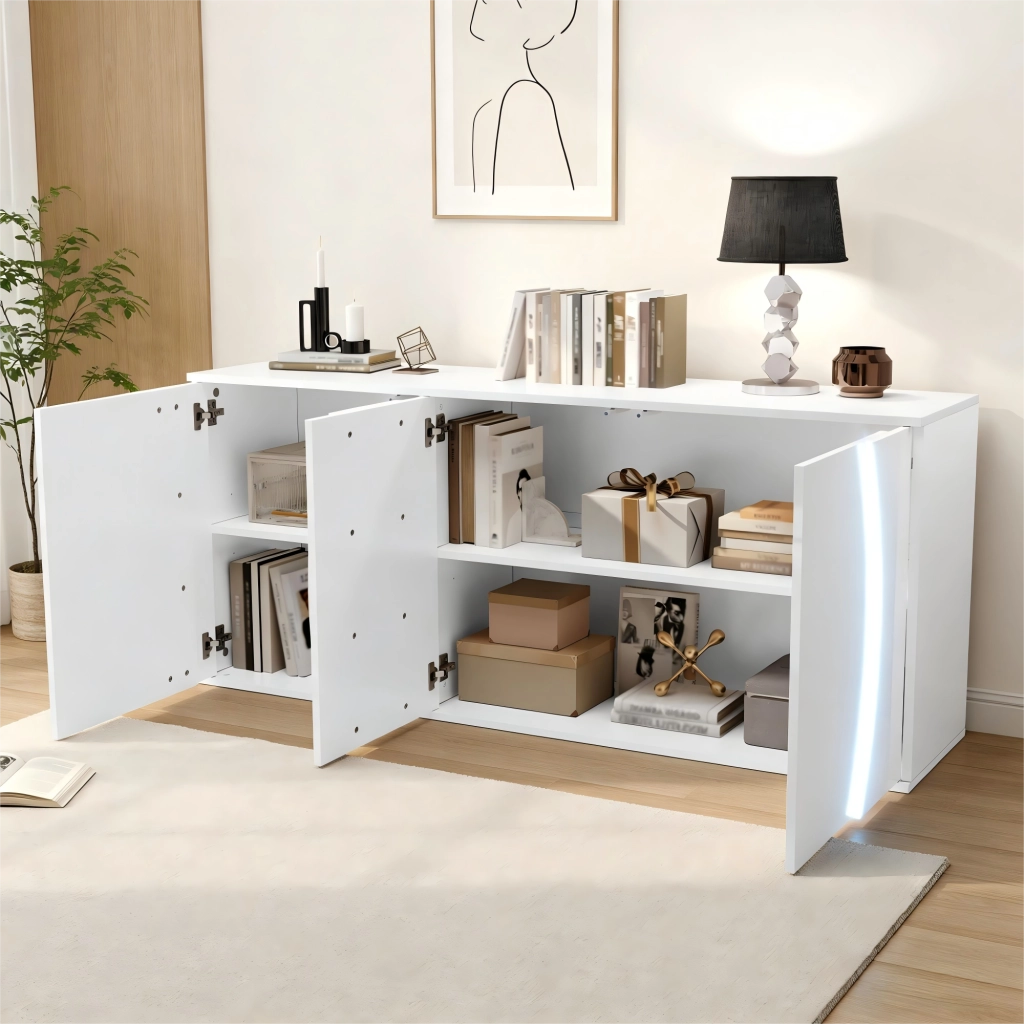 Credenza Soggiorno con LED ¨C Xylo ¨C Bianco Lucido, Truciolato, 150x40x70 cm