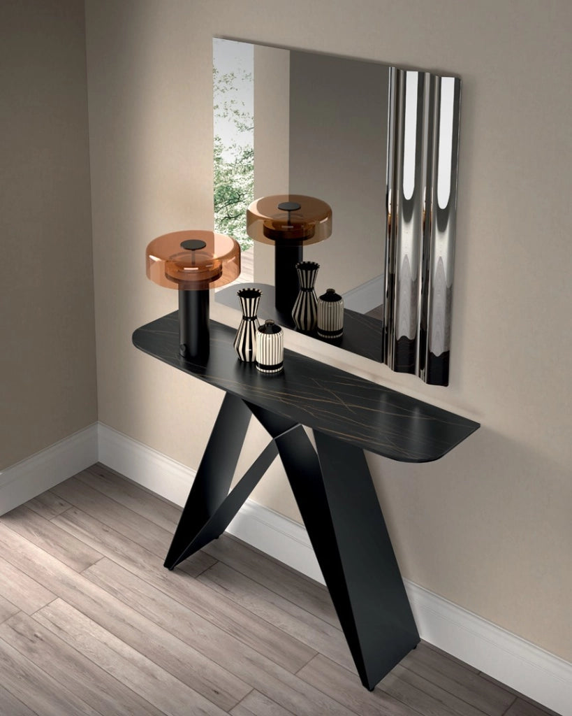 Consolle Thalia con Top in Ceramica su Vetro Effetto Marmo Nero Portoro e Struttura in Metallo Verniciato Nero - Dimensioni 110x30