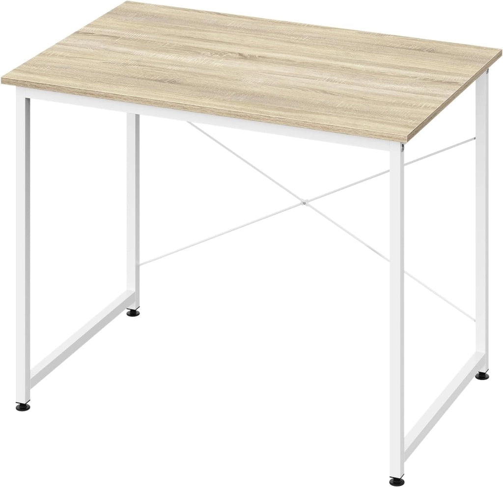 Scrivania Salvaspazio, Tavolo per Computer, Rovere Chiaro + Bianco per Studio, Home Office, Camera da Letto, in Legno e Metallo, 80x60x70 cm