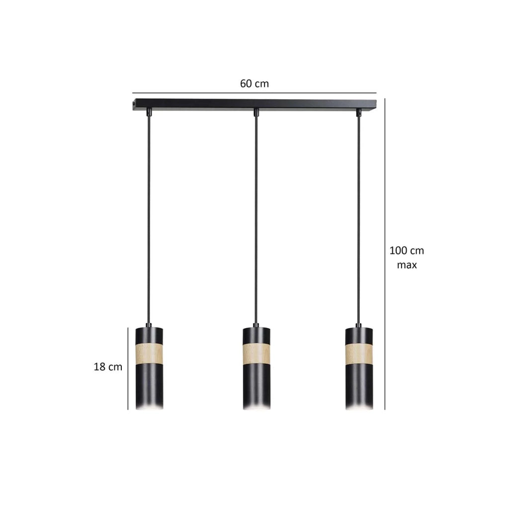 Lampadario 3 Luci Change In Acciaio Nero A Cilindro Con Legno Naturale